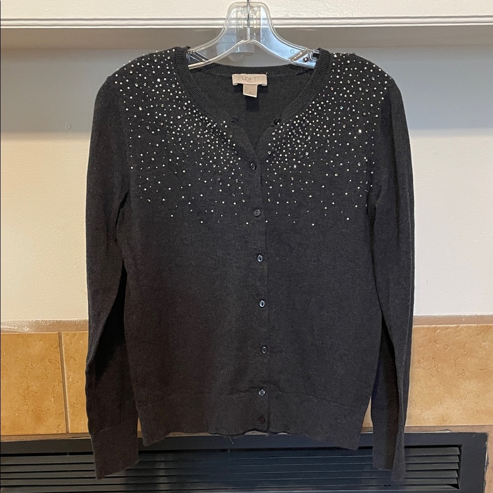LOFT Women’s Grey Button up Cardigan with Silver Accents (size M)